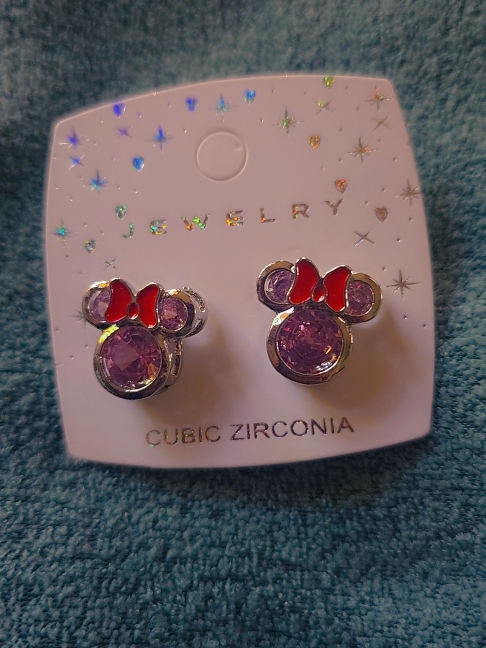 Kids Minnie-Inspired Purple Cubic Zirconia Stud Earrings with Red Bow